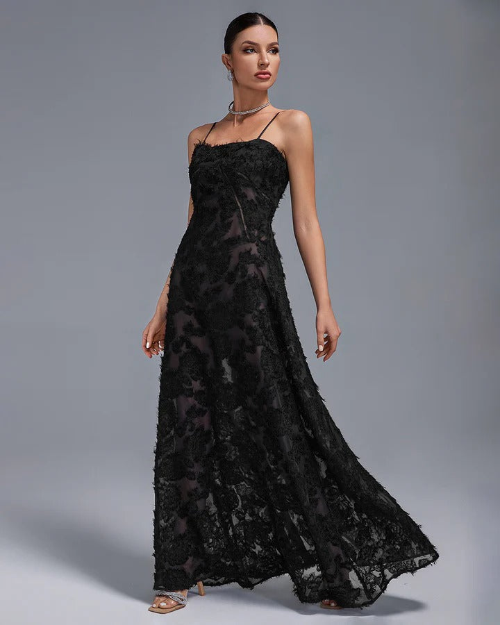 Elegant Black Suspender Lace Maxi Dress