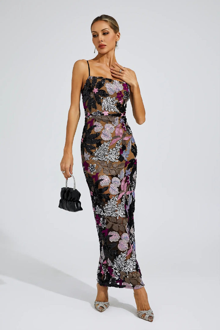 Elegant Embroidered Print Sequin Maxi Dress