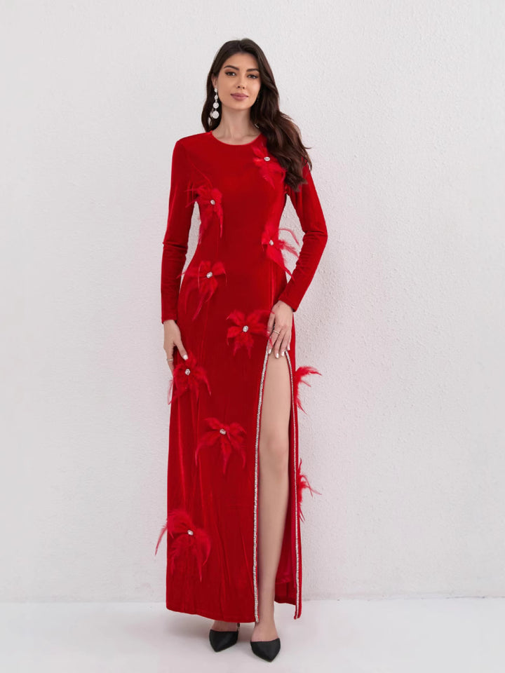 3D Red Feather Diamond Flower Maxi Dress