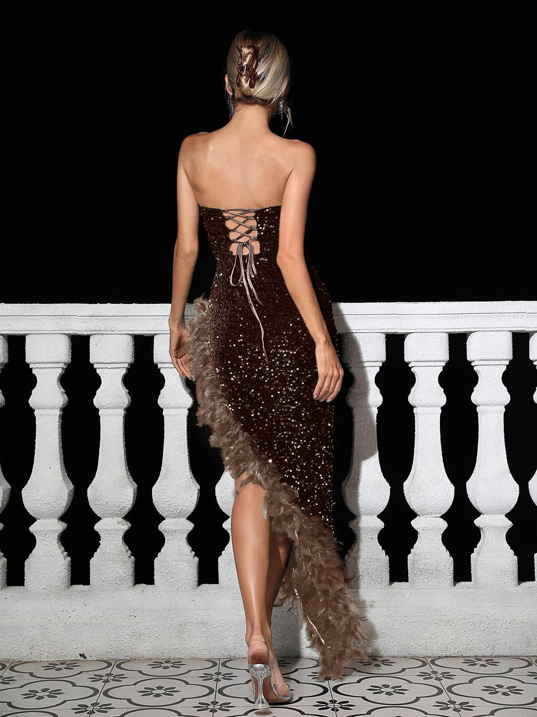 Elegant Tube Top Sequined Feather Maxi Dress