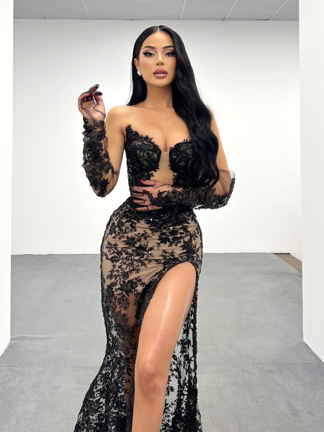 Black Tube Top Lace Sequin Mesh Maxi Dress