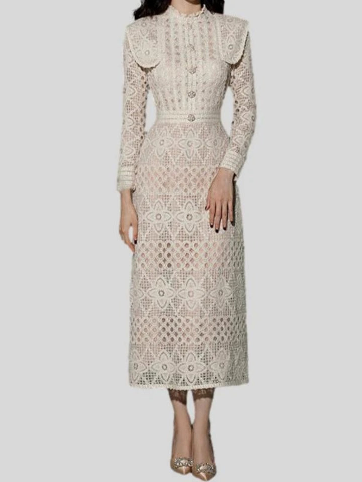 Temperament Long-sleeved Hollow Lace Dress