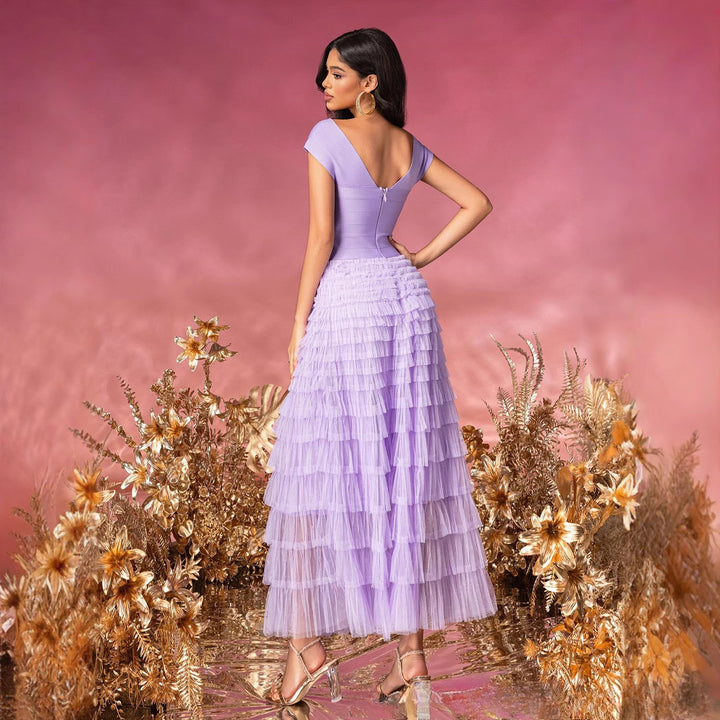 Elegant Purple Mesh Pleated Cake Maxi Dress