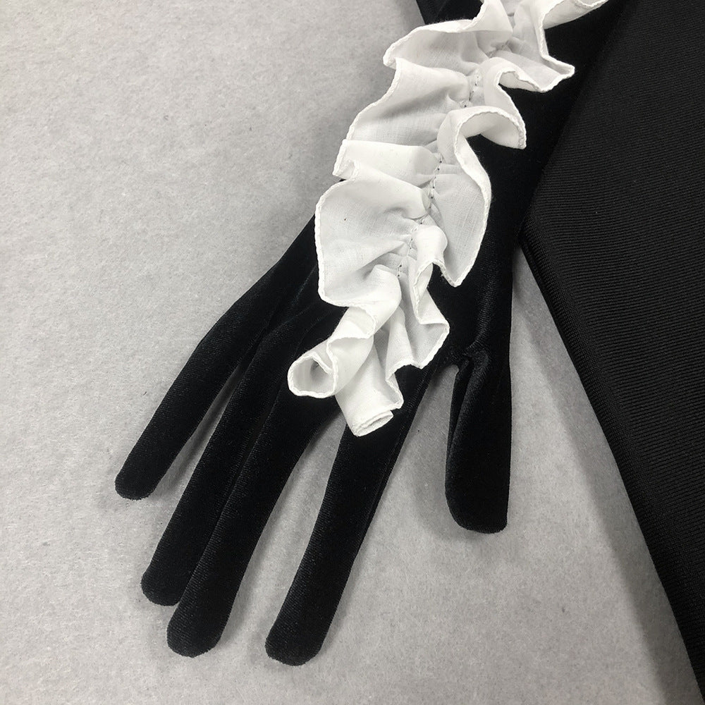 Ruffled Black Maxi Dress with Gloves