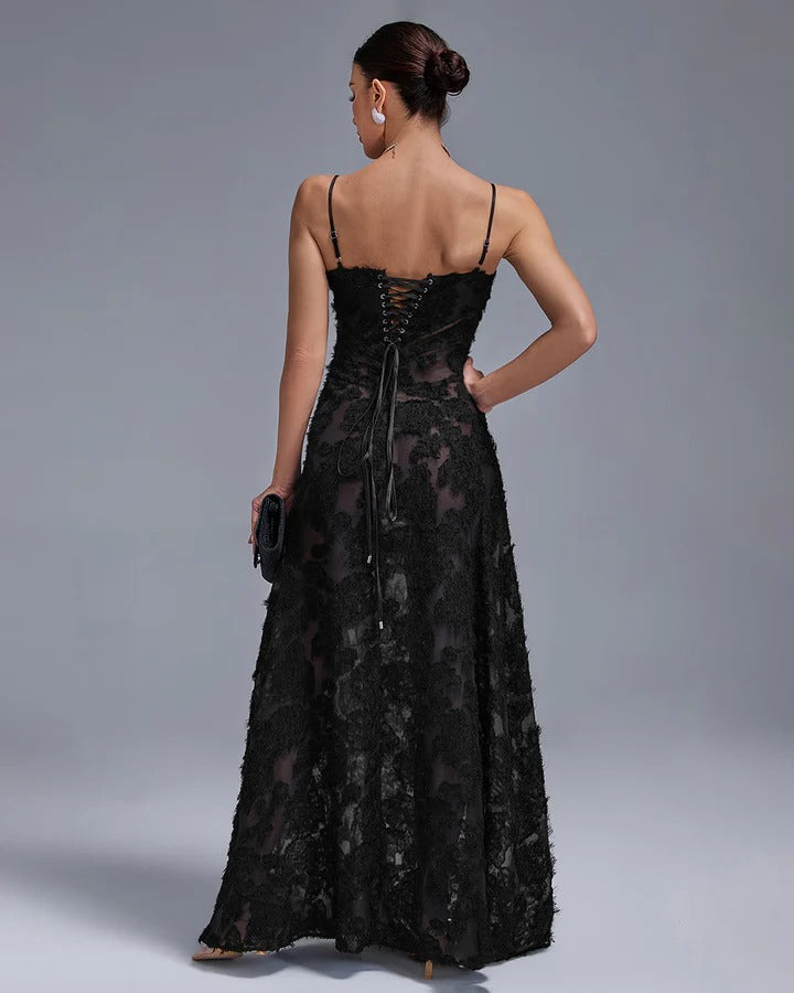 Elegant Black Suspender Lace Maxi Dress