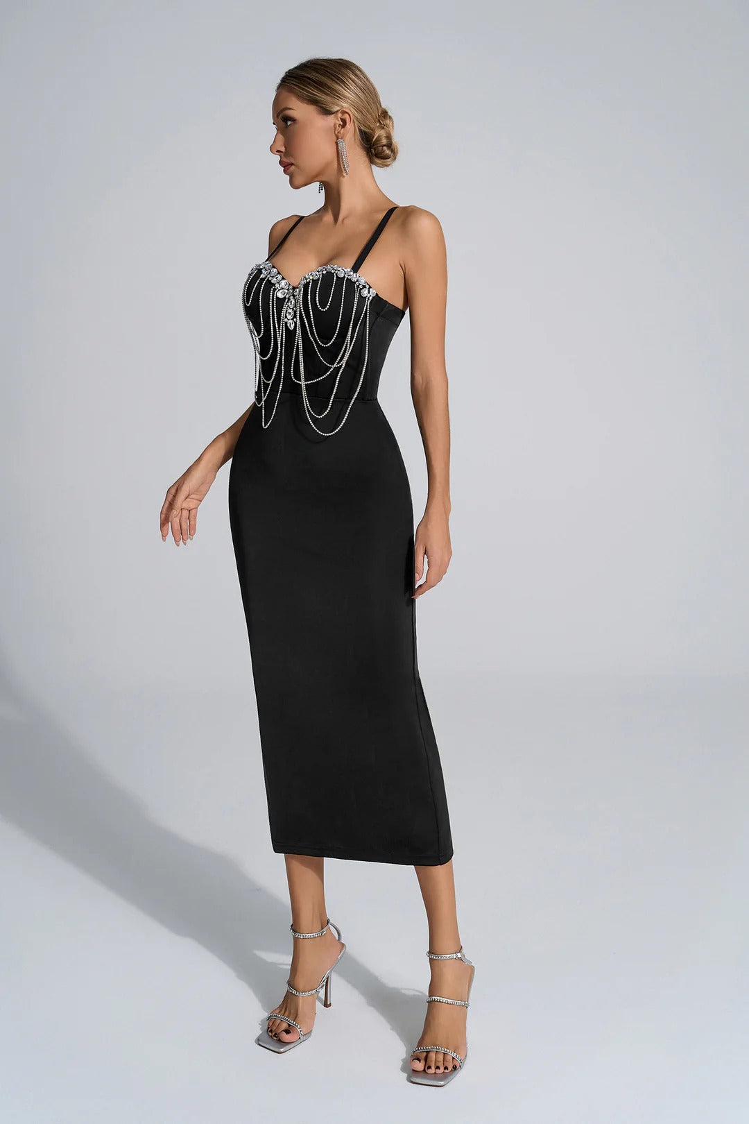 Simple Diamond Chain Fringed Midi Dress