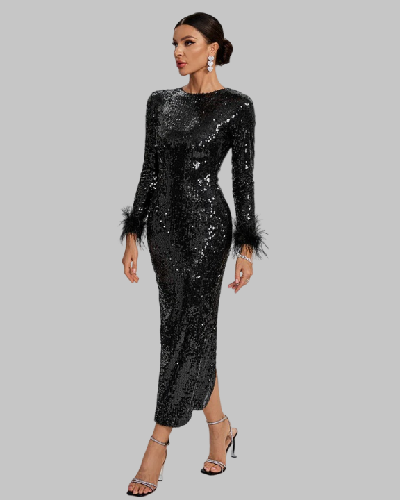 Simple Solid Color Sequined Feather Midi Dress