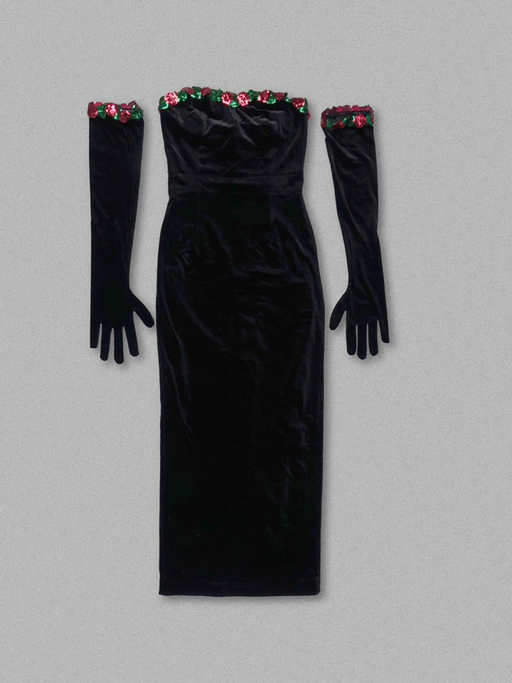 Black Sequined Floral Velvet Maxi Dress with Gloves