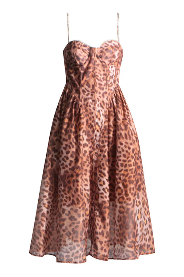 Leopard Print Diamond Suspender Midi Dress