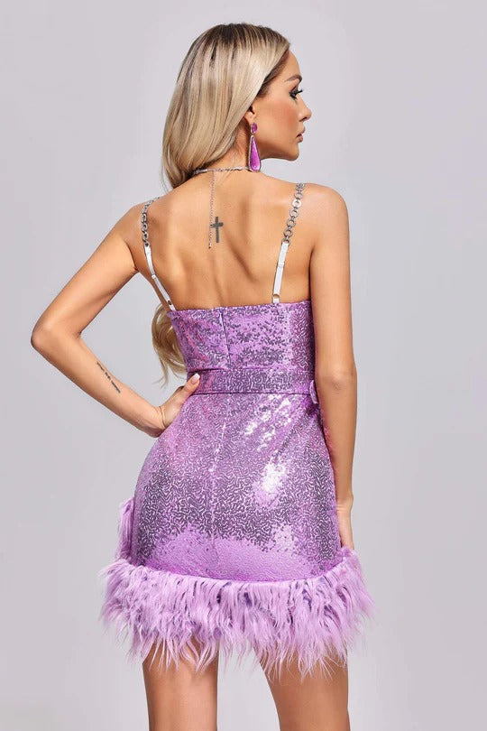 Fashion Diamond Chain Sequin Feather Mini Dress